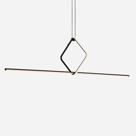 Discover the Minimo LED Bar Square Linear Suspension Light in Black, an ideal addition to contemporary spaces. This minimalist pendant showcases a sleek Minimo LED Bar intersecting a square frame, all gracefully suspended by two slender wires against a plain white background.