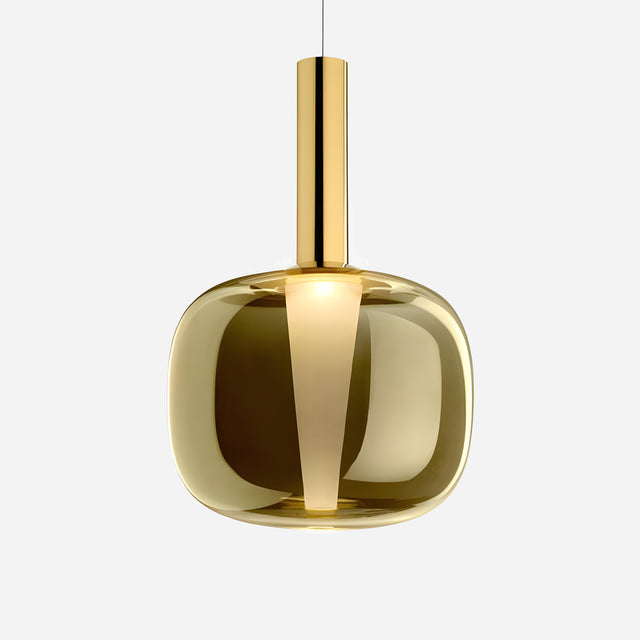 The Dusk Dawn LED Pendant Light - Gold showcases modern elegance with its glossy gold finish and smooth, rounded edges. It is suspended gracefully from a thin wire against a plain white background, offering a sleek and minimalist design.