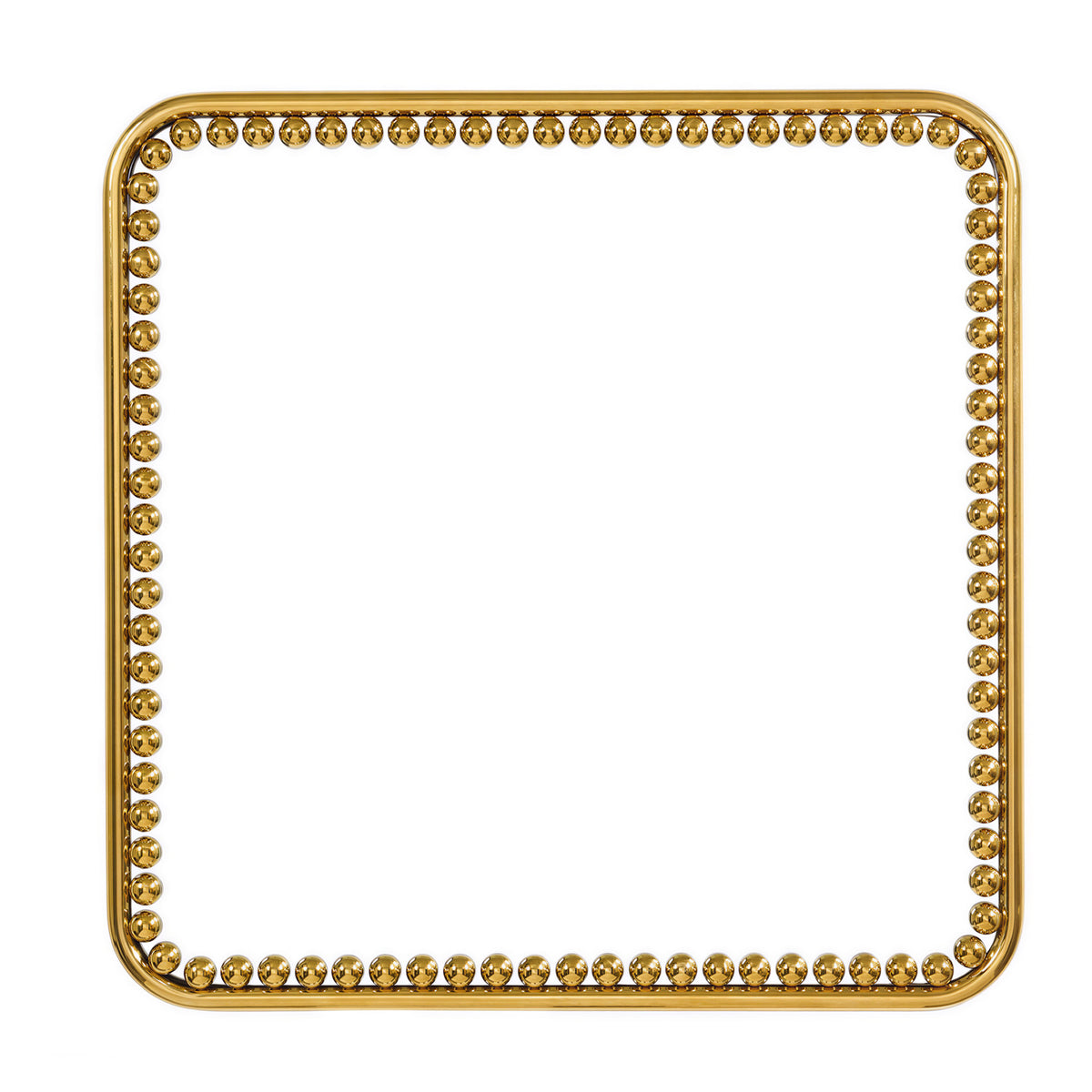Diva Square wall mirror, 95cm, with a rounded-corner gold frame edged in individual beaded spheres, larger at the corners, shown against a plain white background.