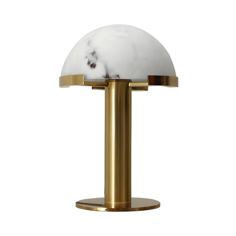 The Noctelis 1 Light Dome Alabaster Table Lamp features a soft white half-sphere alabaster shade and a sleek brass cylindrical base, shown here against a white background.