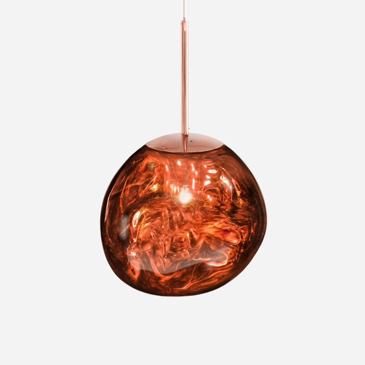 The Ex-Display Lava Small Pendant Light in Copper features a modern round amber-tinted glass shade with a swirling pattern, suspended from an adjustable cable, shown against a plain white background.