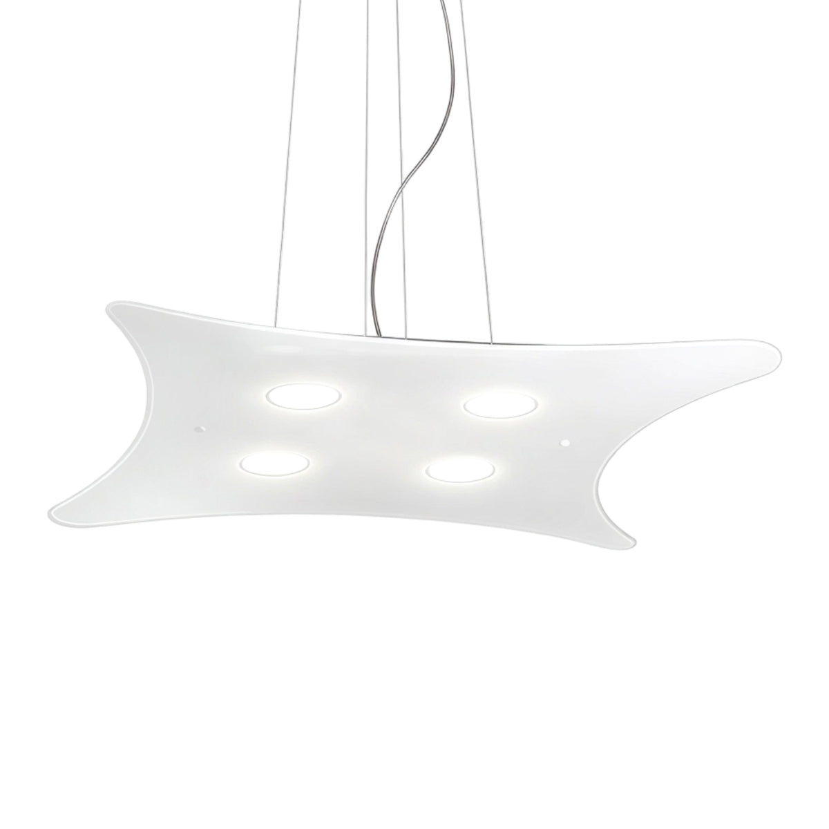 Manta 4 Light Glass Pendant Light in white, an elongated wave-shaped ceiling fitting with four recessed GX53 downlights, shown on a plain white background.