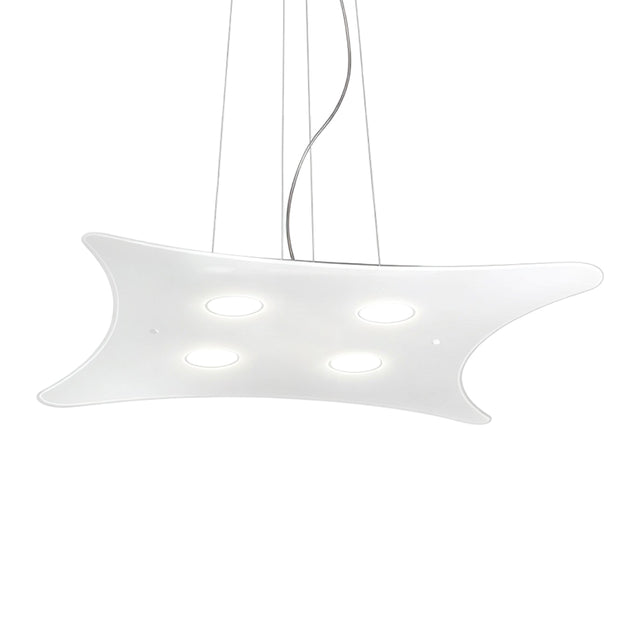 Manta 4 Light Glass Pendant Light in white, an elongated wave-shaped ceiling fitting with four recessed GX53 downlights, shown on a plain white background.