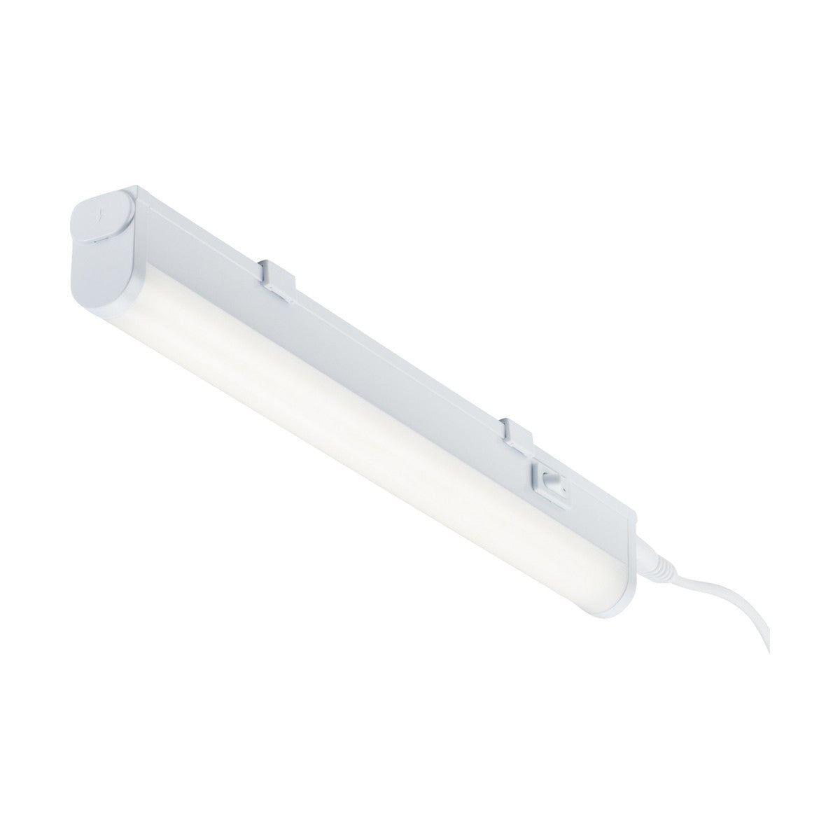 A 4W Linkable CCT LED Striplight - 277mm, featuring a sleek and modern design, is attached to a small mounting bracket. It offers a sophisticated linkable lighting system with adjustable color temperature options and includes a power cord extending from one end for added convenience.