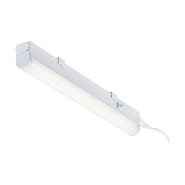 A 4W Linkable CCT LED Striplight - 277mm, featuring a sleek and modern design, is attached to a small mounting bracket. It offers a sophisticated linkable lighting system with adjustable color temperature options and includes a power cord extending from one end for added convenience.