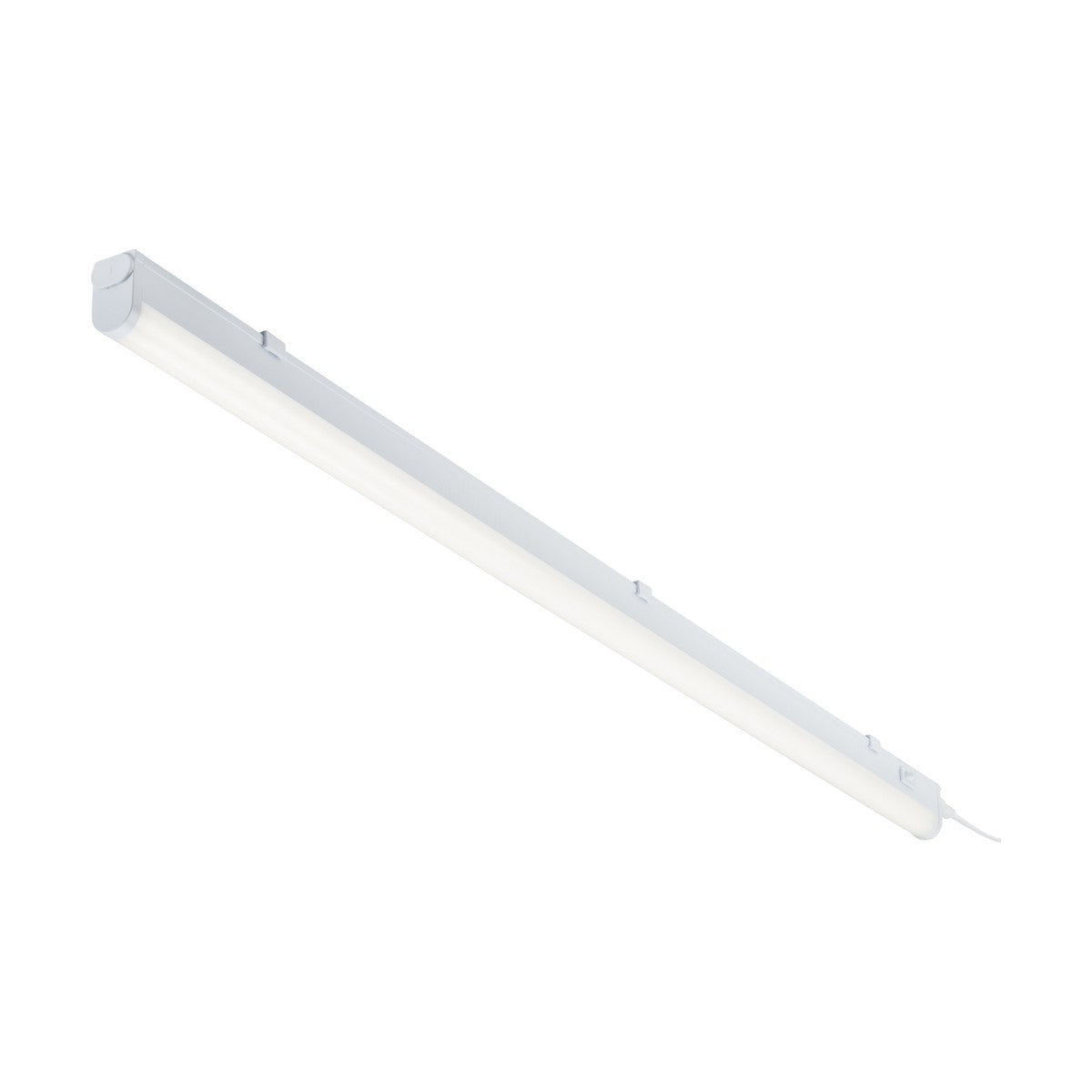 The 13W Linkable CCT LED Striplight - 838mm is displayed. It boasts a streamlined design with a straightforward mounting setup and an attached power cord. Perfect for ceiling or wall installation, this LED striplight offers bright illumination, making it ideal for under cabinet lighting applications.