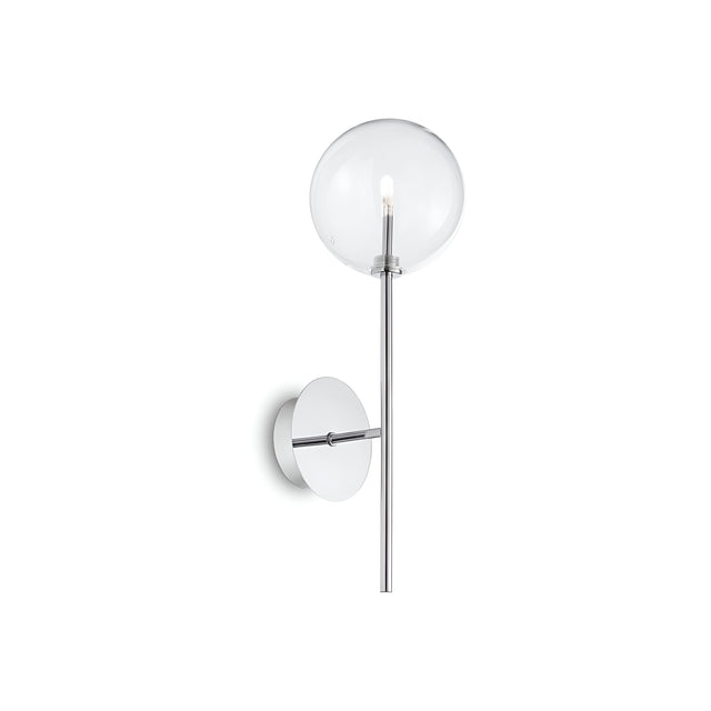 Introducing the Solarae Wall Light - Chrome: A sophisticated wall sconce featuring a sleek chrome base and slender rod, elegantly supporting a clear glass globe. This minimalist design provides an ideal contemporary lighting solution for modern interiors.