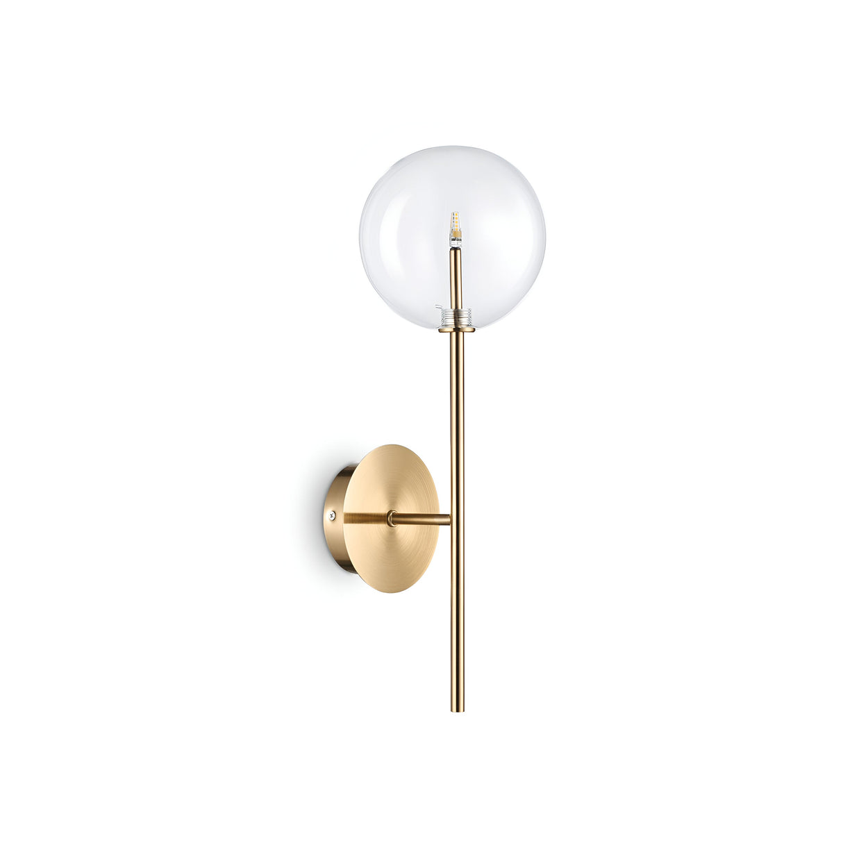 Introducing the Solarae Wall Light - Gold, a contemporary wall sconce featuring a gold-colored metal base and stem. It boasts a clear blown glass diffuser around the bulb, offering a sleek and elegant design that effortlessly enhances any space.