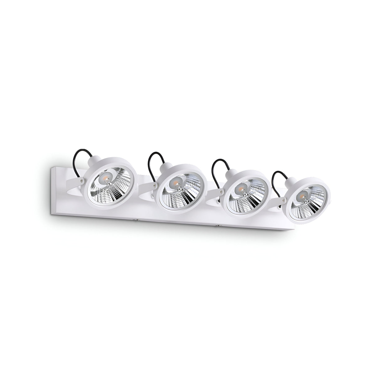 The Glim Quad Bar Spotlight - White is a contemporary lighting fixture with four adjustable round spotlights mounted on a stylish white rectangular base. It can be installed on a wall and includes dimmable bulbs, allowing for even spacing and precise directional illumination.