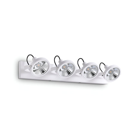 The Glim Quad Bar Spotlight - White is a contemporary lighting fixture with four adjustable round spotlights mounted on a stylish white rectangular base. It can be installed on a wall and includes dimmable bulbs, allowing for even spacing and precise directional illumination.