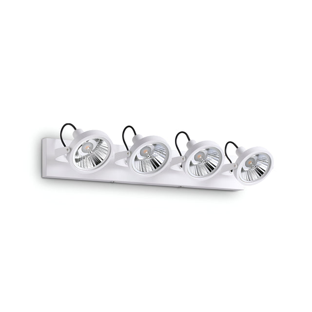 The Glim Quad Bar Spotlight - White is a contemporary lighting fixture with four adjustable round spotlights mounted on a stylish white rectangular base. It can be installed on a wall and includes dimmable bulbs, allowing for even spacing and precise directional illumination.