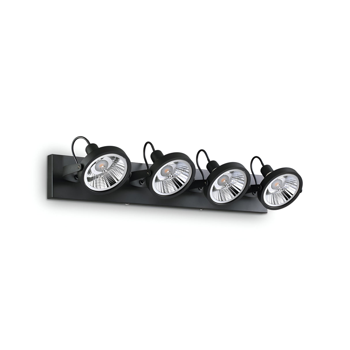 Introducing the Glim Quad Bar Spotlight in black, a contemporary wall-mounted light fixture that blends modern style with functionality. This sleek design features four adjustable round lamps complete with dimmable capabilities, making it ideal for contemporary interiors. Each lamp is equipped with an adjustable diffuser to allow for precise lighting customization.