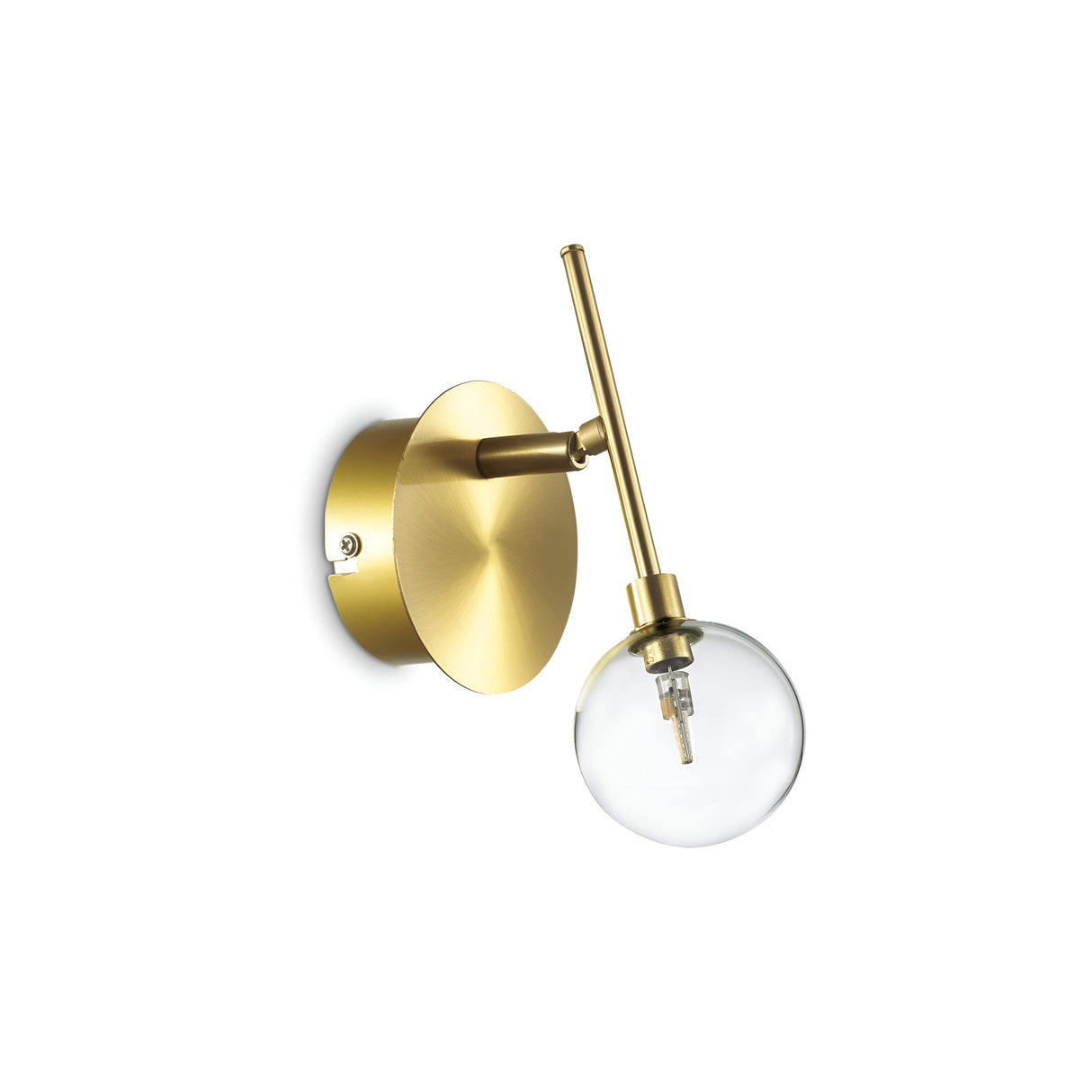 The NovaLux Wall Light - Gold is a contemporary fixture featuring a satin gold finish, complete with a circular mount and an extended rod that holds a clear glass globe bulb. This design combines sleek minimalism with a warm metallic sheen, offering versatile elegance.