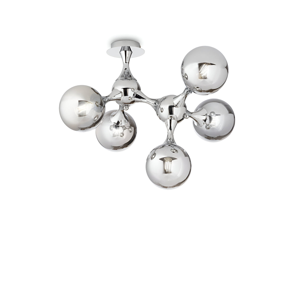 The Emblaze 5 Light Semi Flush - Chrome features a sleek, contemporary design with five reflective chrome-plated spherical lights arranged in a geometric pattern. It is mounted on a silver base against a white background, highlighting its sophisticated semi-flush style.