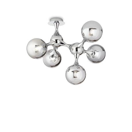 The Emblaze 5 Light Semi Flush - Chrome features a sleek, contemporary design with five reflective chrome-plated spherical lights arranged in a geometric pattern. It is mounted on a silver base against a white background, highlighting its sophisticated semi-flush style.