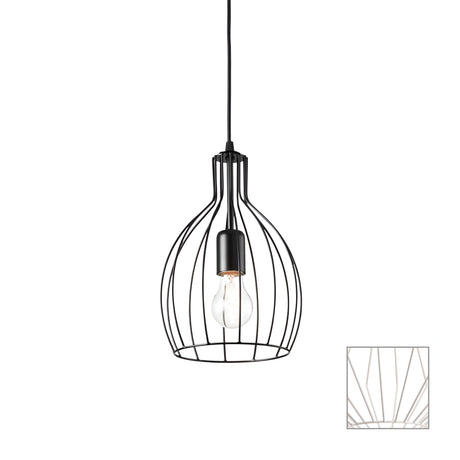 A white wire-frame pendant light with a visible bulb hangs from an adjustable electric cable. The design features a modern, cage-like structure with curved lines, embodying the Tone-2 1 Light Pendant style. Inset shows a close-up of the frame.
