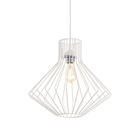 The Tone-4 1 Light Pendant in white, with its geometric metal wire design, descends from the ceiling to reveal an exposed bulb at its core. This modern pendant lamp offers a minimalist yet striking presence, enhancing Scandinavian-inspired interiors with clean lines against a pristine backdrop.