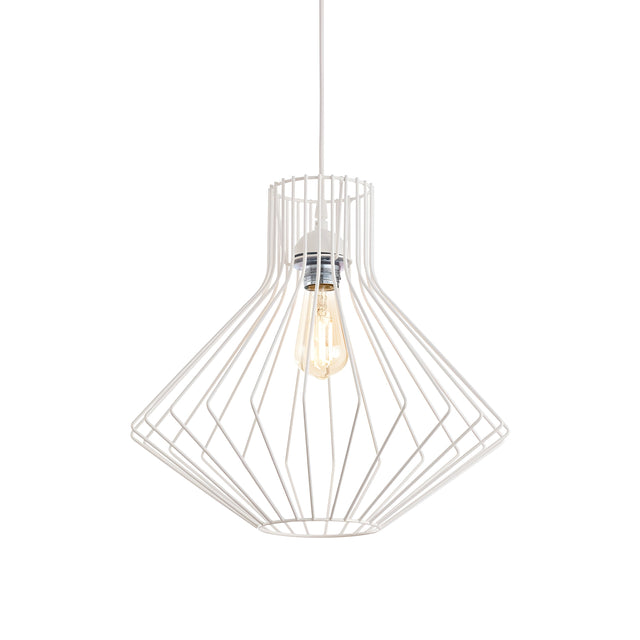 The Tone-4 1 Light Pendant in white, with its geometric metal wire design, descends from the ceiling to reveal an exposed bulb at its core. This modern pendant lamp offers a minimalist yet striking presence, enhancing Scandinavian-inspired interiors with clean lines against a pristine backdrop.