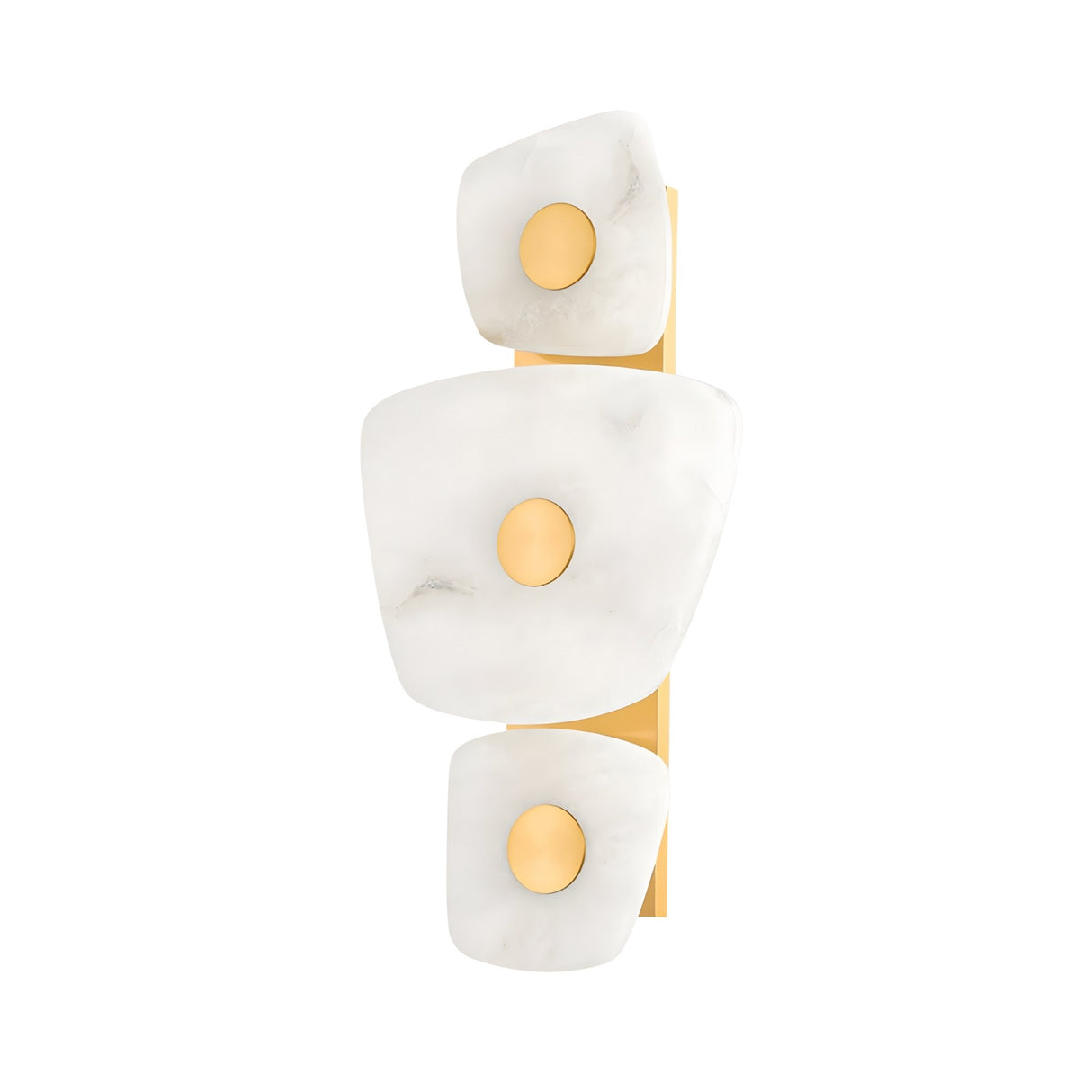 The Calyra LED Alabaster Wall Light features three irregular soft white Spanish alabaster panels with central gold accents, all mounted on a sleek vertical brass backplate for a modern look.
