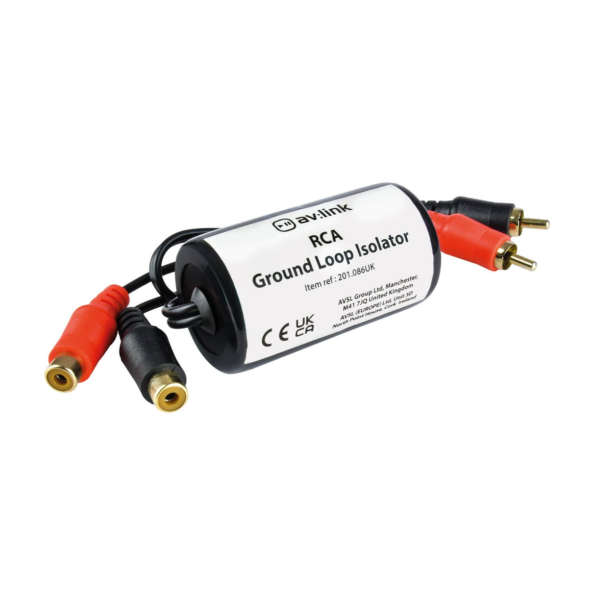 AV:Link RCA Ground Loop Isolator with red and black gold-plated RCA plugs on one end and RCA sockets on the other, cylindrical black casing, on white.