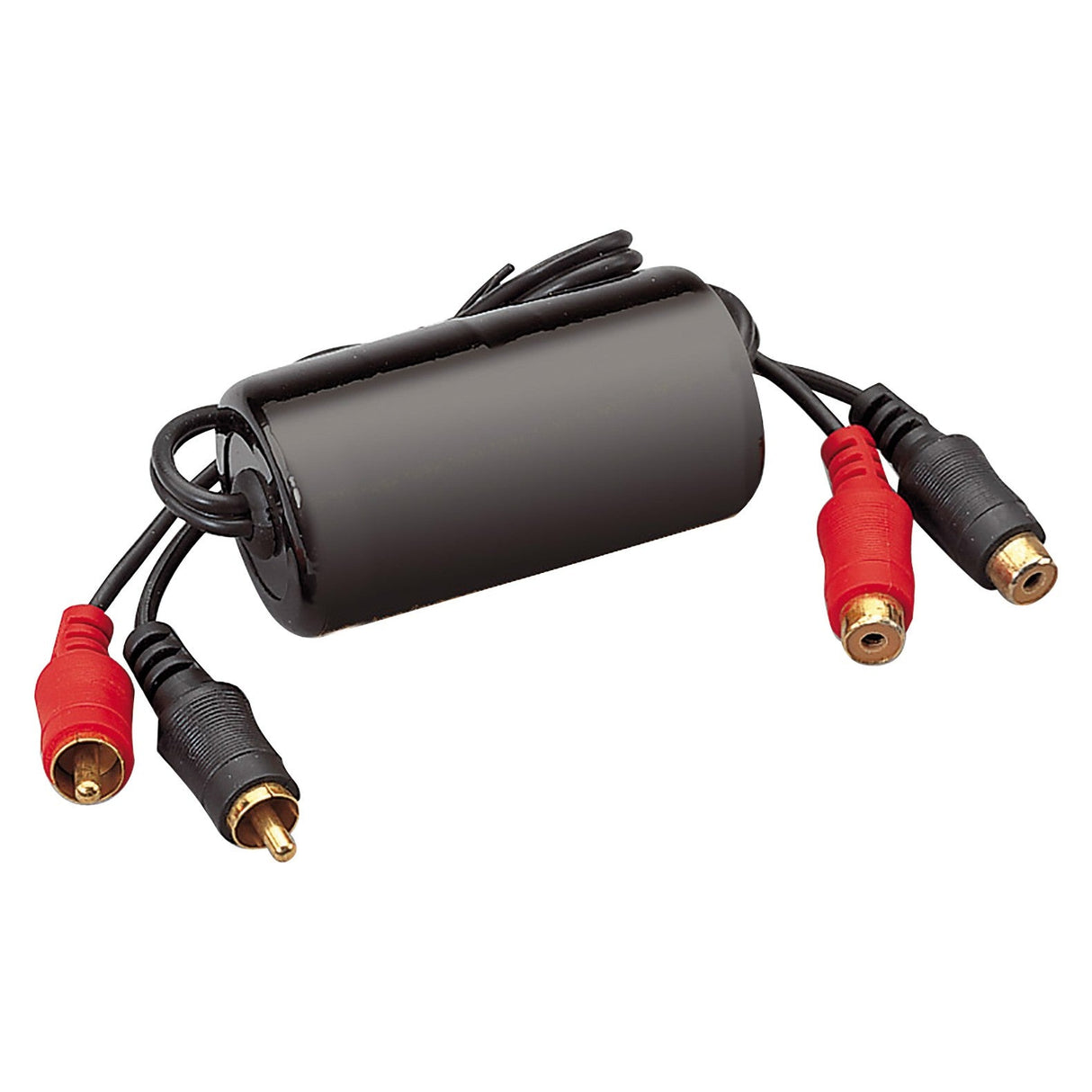 The AV:Link Ground Loop Isolator RCA Plugs - RCA Sockets is a cylindrical electronic device with a sleek black casing, connected to two sets of audio cables. Each set features red and black plugs and sockets, equipped with gold-plated connectors to ensure optimal signal transmission. The cords extend from both ends of the device, enabling seamless integration into your audio system.