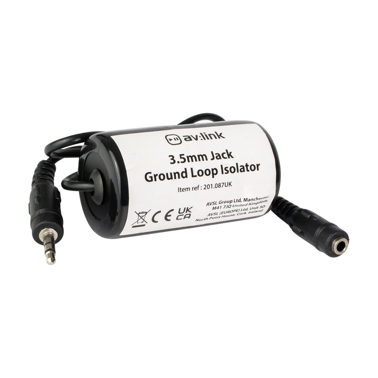 AV:Link 3.5mm jack ground loop isolator with black cylindrical body, inline cable, 3.5mm plug and socket connectors, on a plain white background.