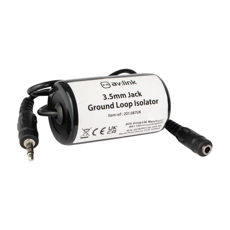 AV:Link 3.5mm jack ground loop isolator with black cylindrical body, inline cable, 3.5mm plug and socket connectors, on a plain white background.