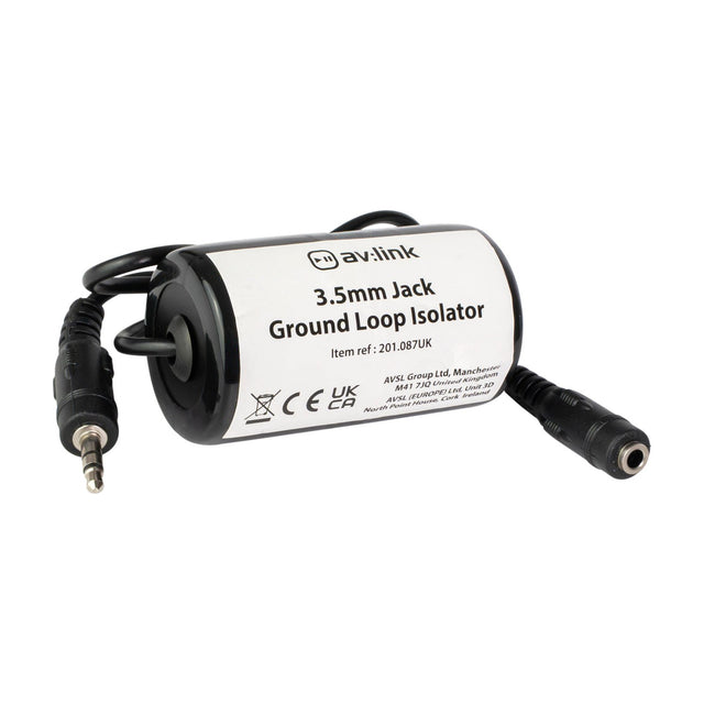 AV:Link 3.5mm jack ground loop isolator with black cylindrical body, inline cable, 3.5mm plug and socket connectors, on a plain white background.