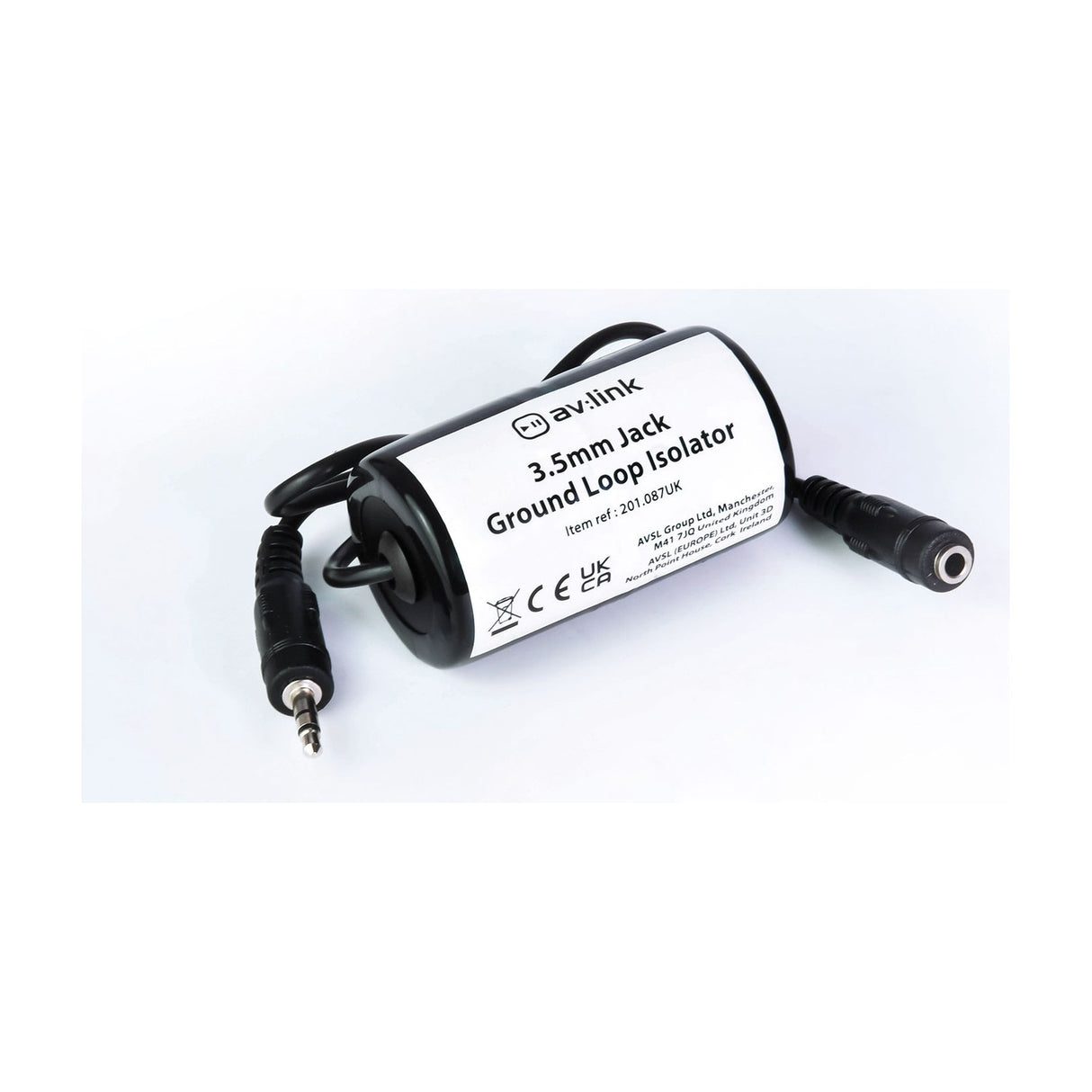 AV:Link 3.5mm Jack Ground Loop Isolator with black cylindrical inline body, jack plug and socket ends, and coiled cable on a white background.