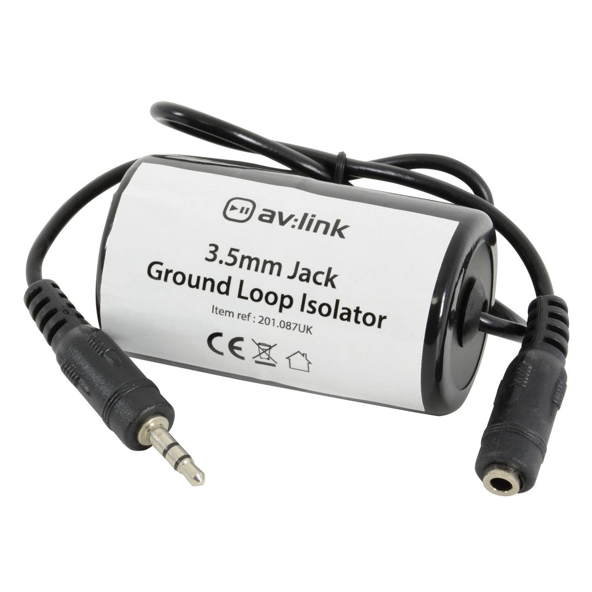 Photograph of the AV:Link Ground Loop Isolator 3.5mm Jack - 3.5mm Socket, characterized by its compact cylindrical design aimed at eliminating earth hum in audio systems. It includes a 3.5mm male plug on one end and a female socket on the other, featuring a black finish with white labeling and certification symbols for identification.