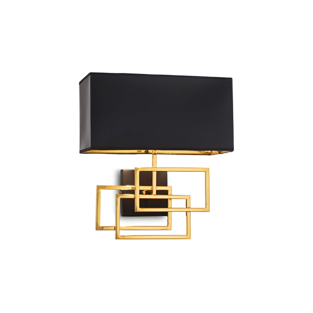 The Nina Light Large Wall Light - Black/Gold combines modern elegance with its expansive black rectangular lampshade and sophisticated gold geometric frames, making it a stylish accent on a pristine white background.