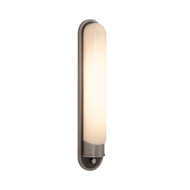 The Lunaris LED Vertical Alabaster Wall Light in soft white and black features a sleek oval design with frosted glass, inspired by Spanish alabaster—ideal for stylish indoor or outdoor lighting.