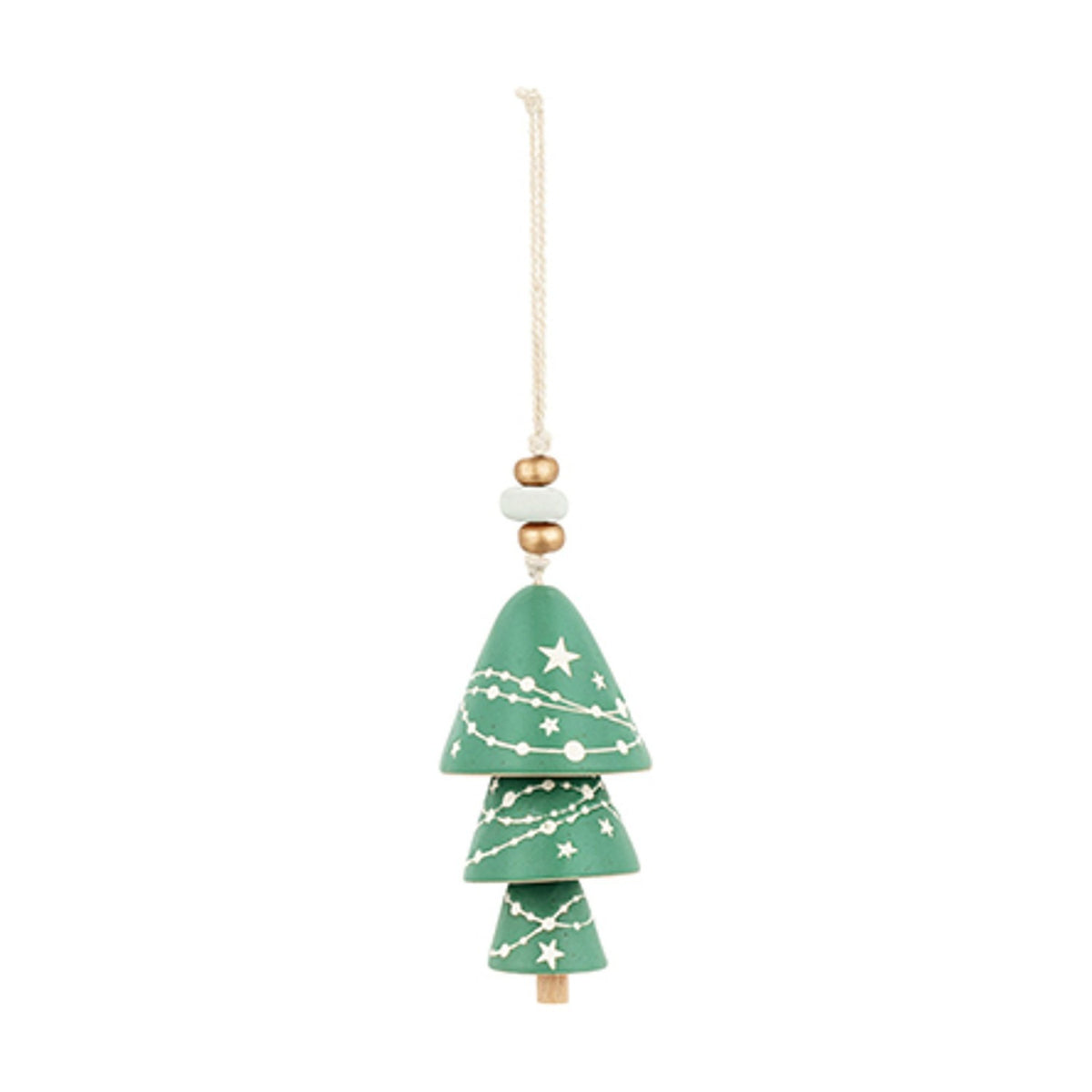 Ceramic Christmas tree bell decoration with three stacked green tiers featuring white star and dotted garland designs, hung on cord with gold and sage beads, on a white background.