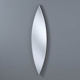 The Aurora Oval Wall Mirror in Bronze & Silver (130x30cm) features a sleek, elongated leaf-like shape with pointed ends and an elegant ellipse design, mounted vertically for a smooth, modern look on any gray wall.