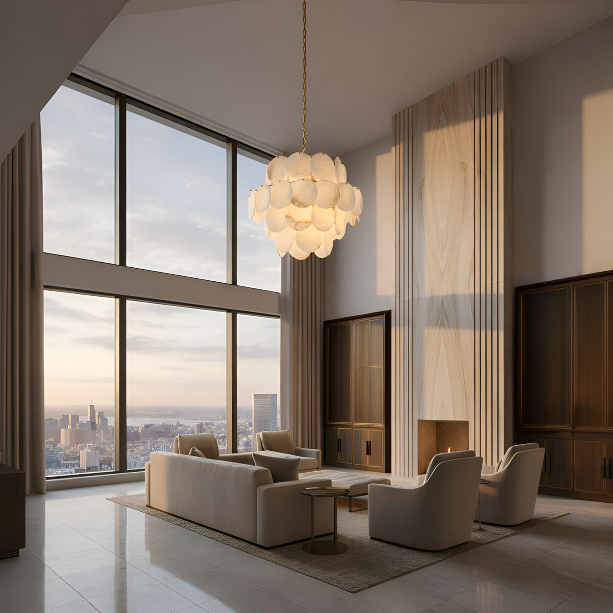 A modern living room with floor-to-ceiling windows, beige sofas, a tall light wood fireplace, and the Solyra 15 Light 4 Tier Petal Alabaster Chandelier in soft white. City skyline glows through the windows at sunset.