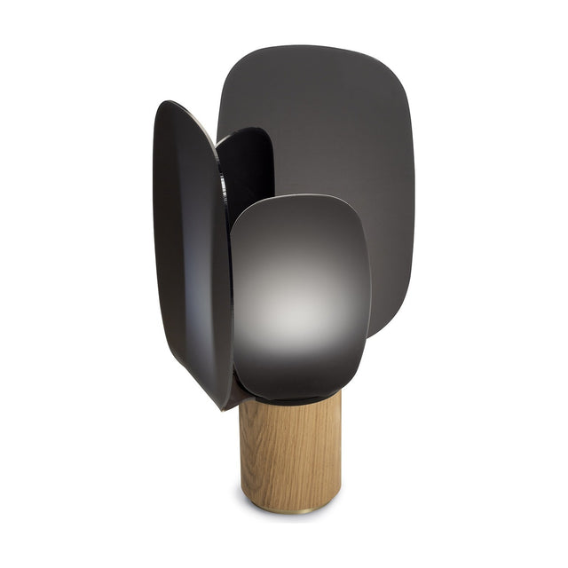Iselmorne Wooden Table Lamp in Black, featuring four curved smoked acrylic panels on a cylindrical oak base with a black collar, shown lit against a plain white background.