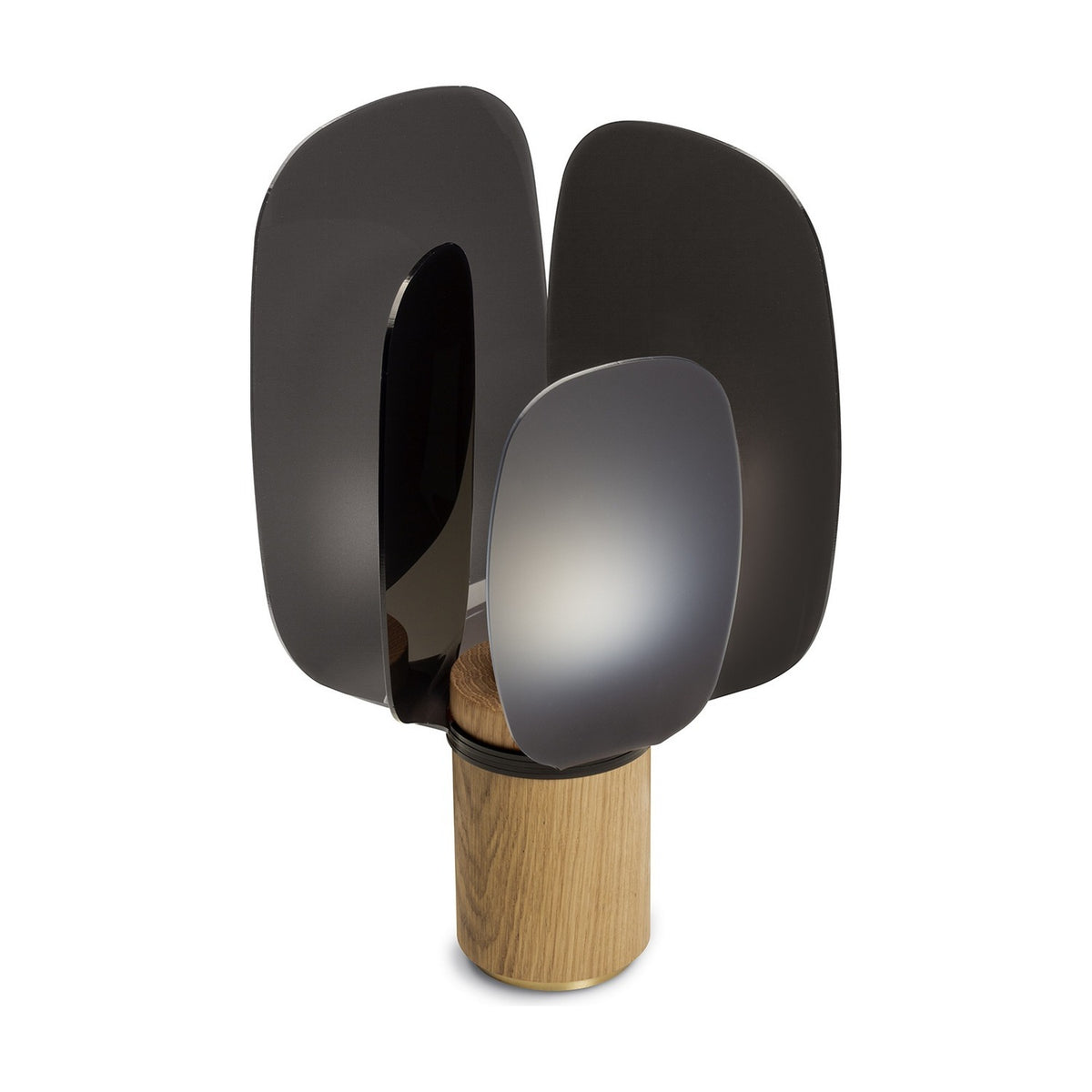 Iselmorne Wooden Table Lamp in Black, with four curved smoked acrylic panels glowing softly atop a cylindrical oak base, shown on a plain white background.