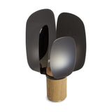 Iselmorne Wooden Table Lamp in Black, with four curved smoked acrylic panels glowing softly atop a cylindrical oak base, shown on a plain white background.