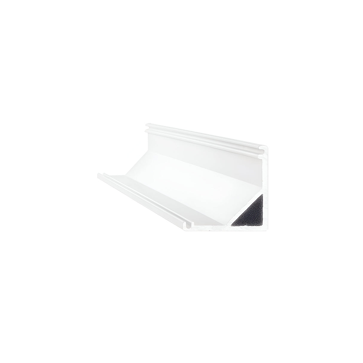 Introducing the Arcus LED Corner Profile, a 2-meter surface mount in white with minimalist design features—including a ledge for item security and an aluminium accent. It fits perfectly against any plain white background, seamlessly integrating with your lighting setup.