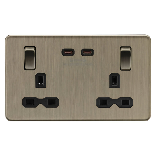 13A 2G DP Switched Socket with Dual USB-C [65W DUAL FASTCHARGE] - Antique Brass
