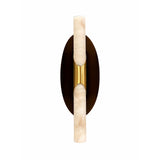 The Virexa LED Oval Backplate Alabaster Wall Light in soft white and black features a modern black oval backplate, a gold accent, and two vertically stacked cylindrical frosted glass shades.