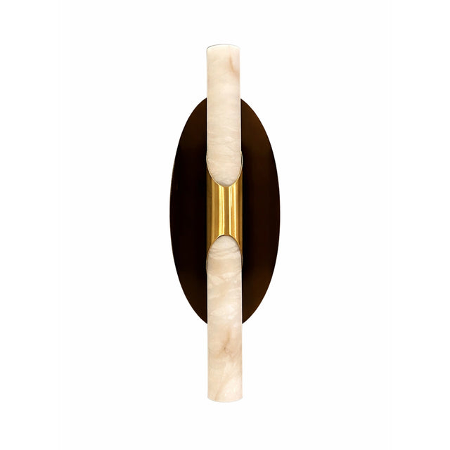 The Virexa LED Oval Backplate Alabaster Wall Light in soft white and black features a modern black oval backplate, a gold accent, and two vertically stacked cylindrical frosted glass shades.