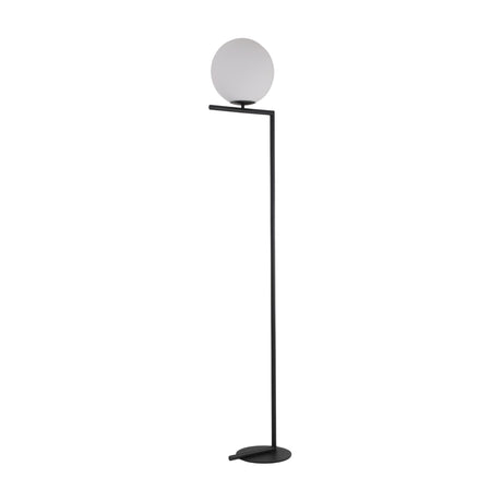 The Vetra 1 Light Opal Glass Floor Lamp in black features a slender metal frame, circular base, and horizontal arm with a round opal glass shade—perfect for adding modern, contemporary lighting to any space.