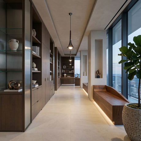 A modern, minimalist hallway with floor-to-ceiling windows, wooden shelves and bench, vases, a potted plant, city views—all illuminated by the Droplet LED Pendant Light in bronze overhead.