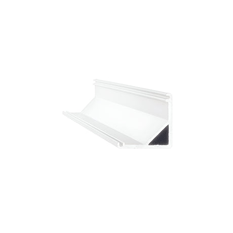 The Arcus LED Corner Profile 3m 16x16cm, constructed from aluminium and intended for surface mounting, is depicted against a plain background as a white, L-shaped corner guard featuring a reflective strip on one side. This product is designed to protect walls or surfaces from damage while providing a modern lighting solution.