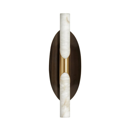 The Virexa LED Oval Backplate Alabaster Wall Light features a modern oval soft white & black backplate with gold accents and two vertically mounted cylindrical Spanish alabaster diffusers.