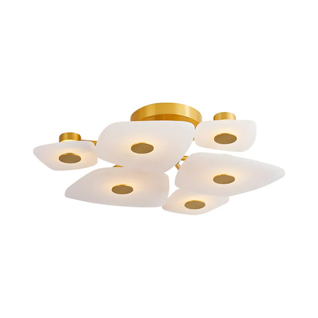 The Calyra LED Small Alabaster Semi-Flush Ceiling Light in Brass & Soft White features a modern design with a brass base and five frosted, square alabaster shades accented by circular brass details—perfect for sculptural lighting in any room.