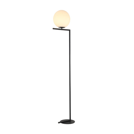 The Vetra 1 Light Opal Glass Floor Lamp - Black features a modern matte black finish, slender stand, circular base, and an off-center arm supporting a round opal glass shade—ideal for contemporary interiors.