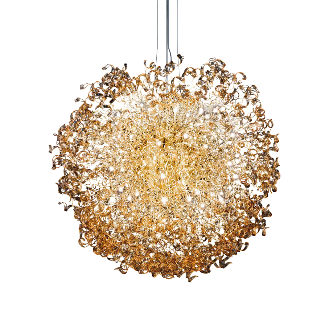 Astro 60 Light Crystal Chandelier 170cm, a large spherical pendant with tangled gold-toned metal strands and crystal accents, multiple lit points, on a plain white background.