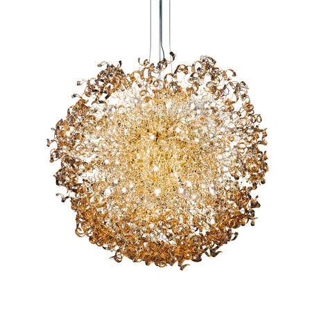 Astro 60 Light Crystal Chandelier 170cm, a large spherical pendant with tangled gold-toned metal strands and crystal accents, multiple lit points, on a plain white background.
